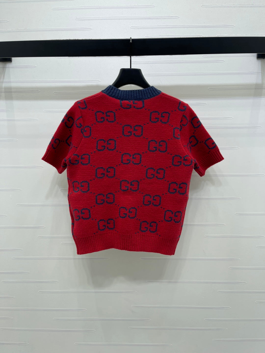 GG 26s Crew Neck Jacquard Short-Sleeve Cardigan Dark Blue Red Knit 343622