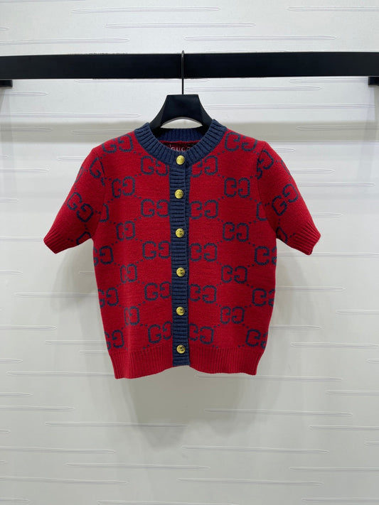 GG 26s Crew Neck Jacquard Short-Sleeve Cardigan Dark Blue Red Knit 343622