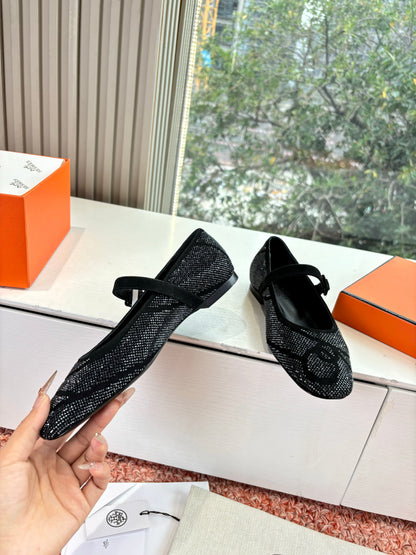 HM 26ss Pig-Nose Ballet Flat Midnight Black Textured Cowhide 603933