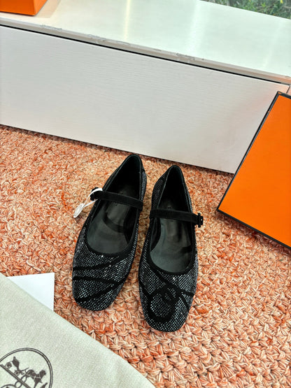 HM 26ss Pig-Nose Ballet Flat Midnight Black Textured Cowhide 603933