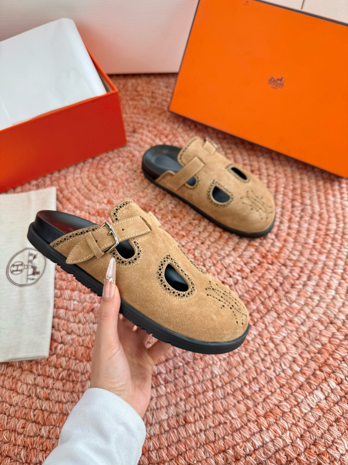 HM Monk Mules Light Brown Suede Leather 648495