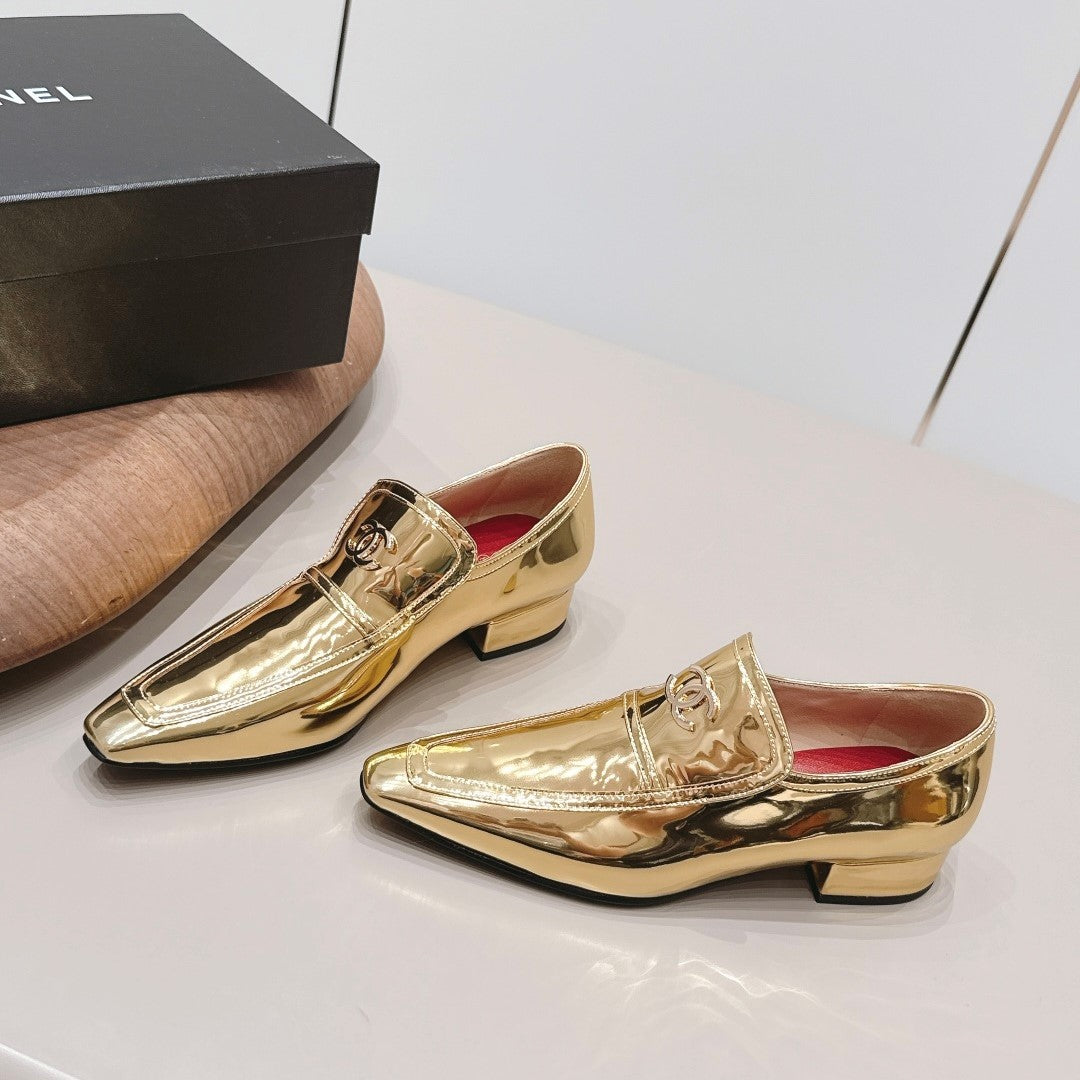 CC 26s Square-Toe Buckle Loafer 3cm Gold Metallic Leather 816298
