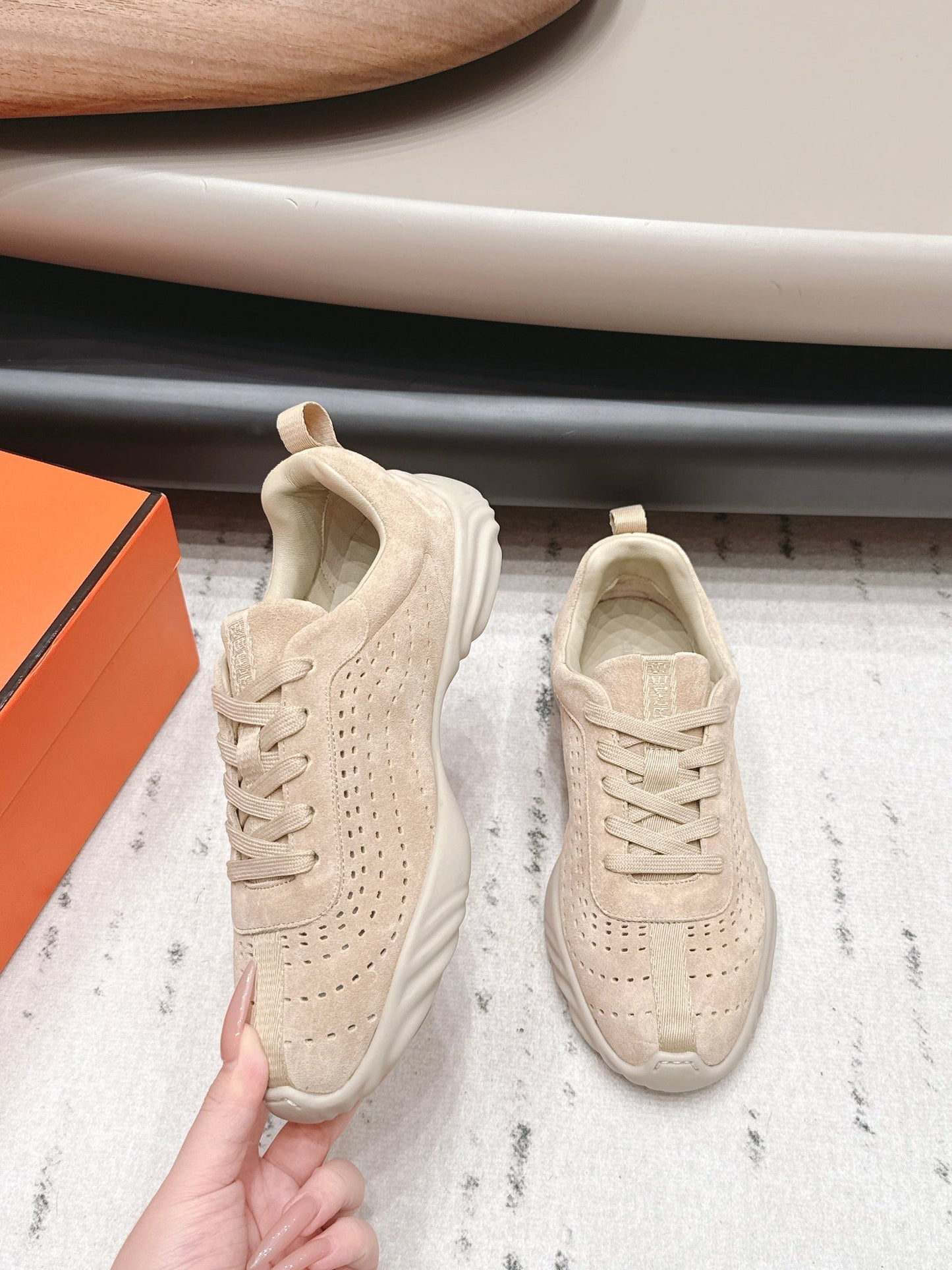 HM 26s Trail Sneakers In Beige Perforated Suede