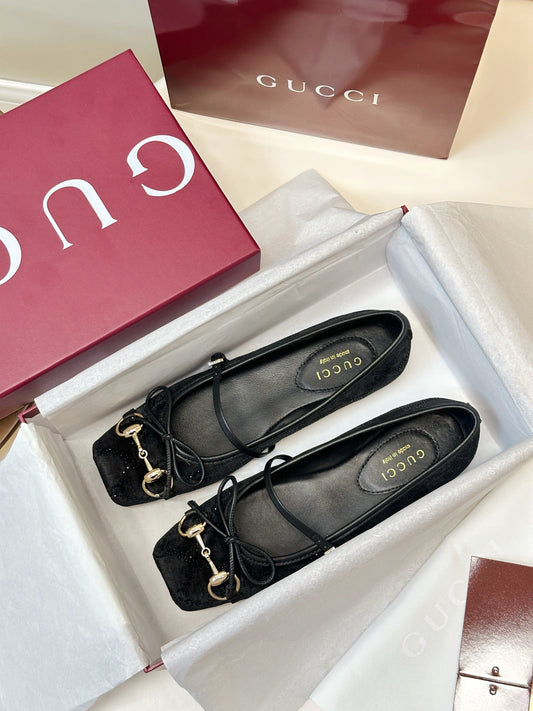 GG 26SS Ballet Flats Rhinestone Black Velvet Sheepskin 645700