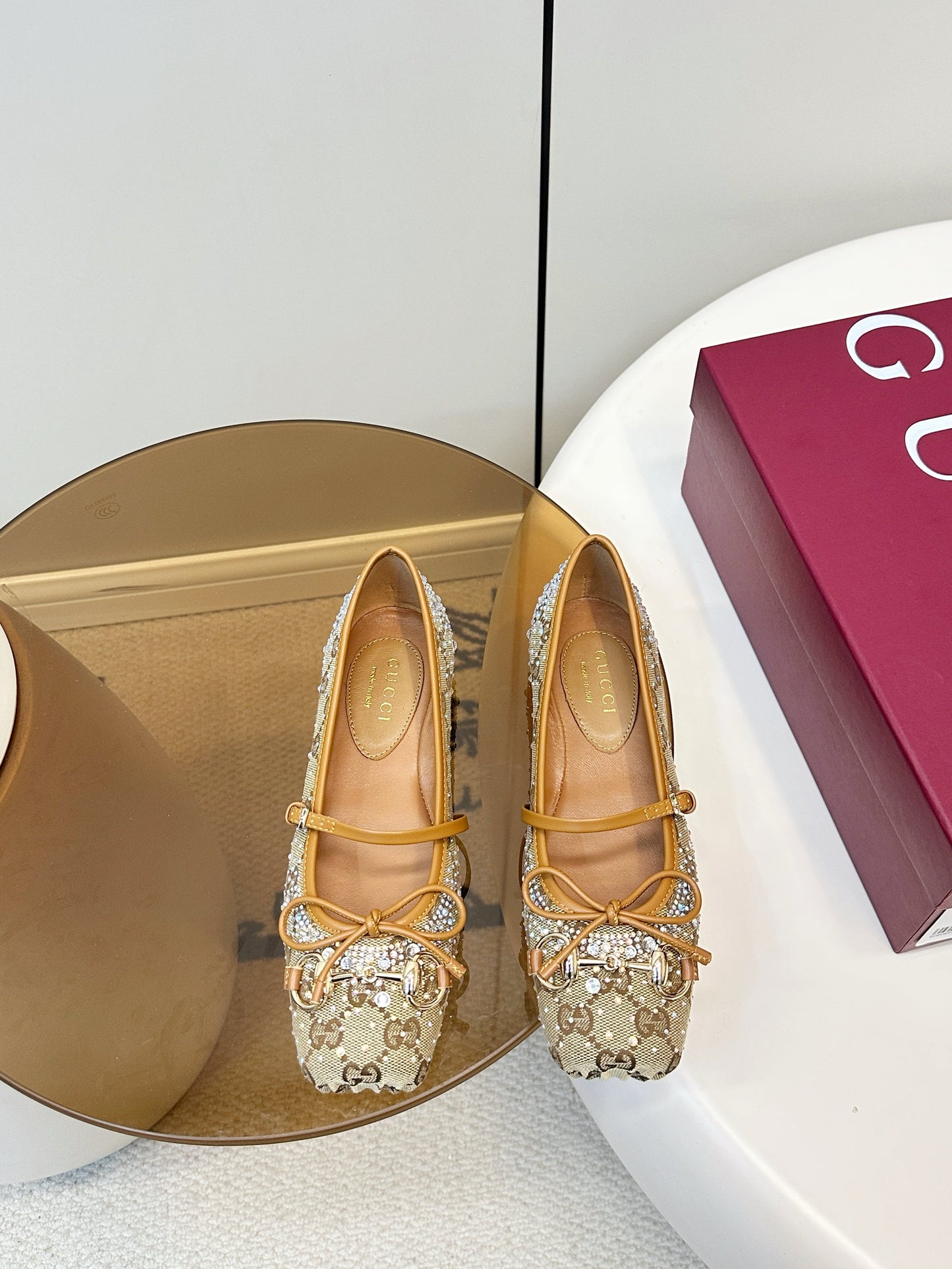 GG 26SS Ballet Flats Rhinestone Beige Brown Canvas Sheepskin 645702
