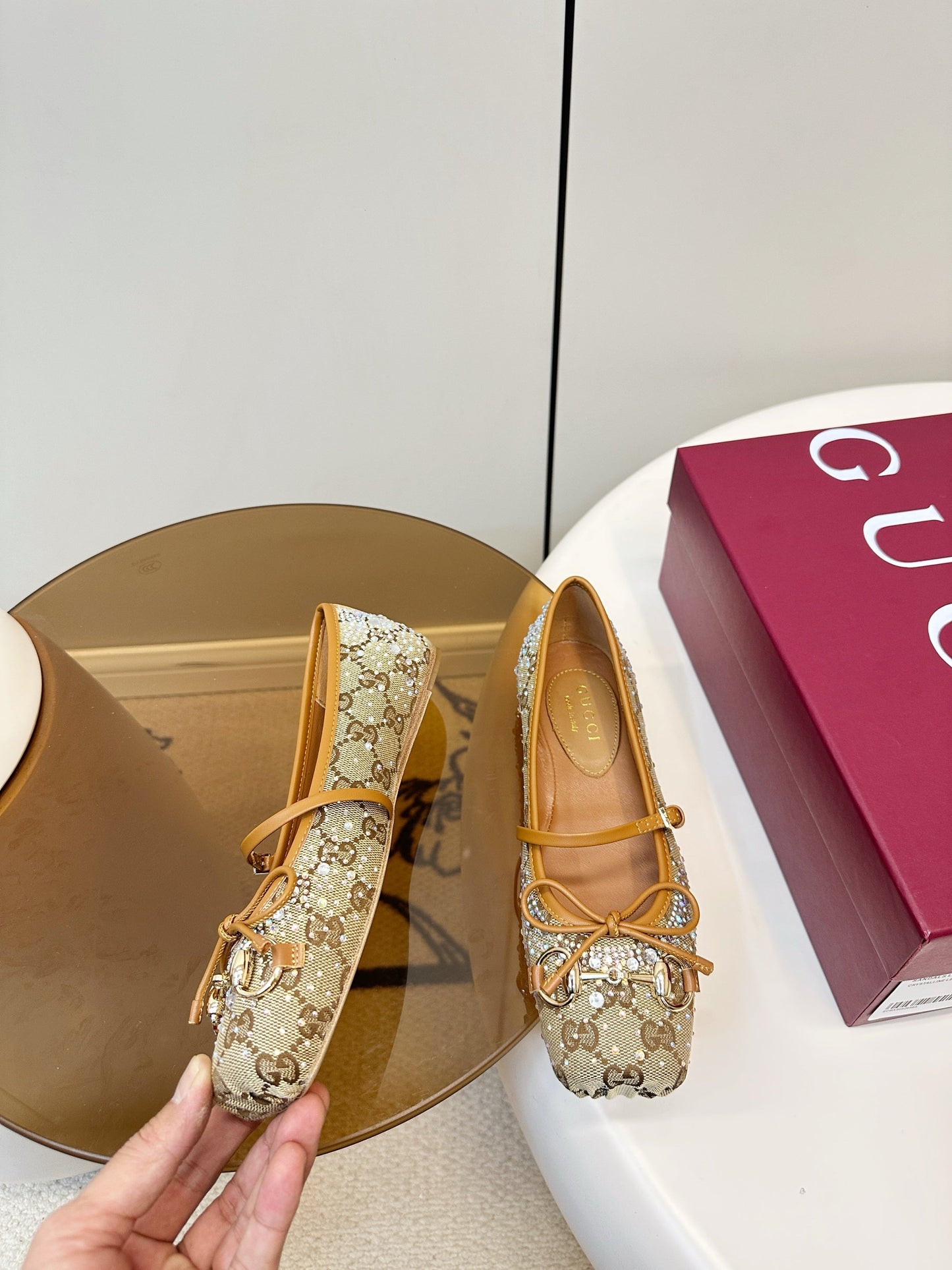 GG 26SS Ballet Flats Rhinestone Beige Brown Canvas Sheepskin 645702