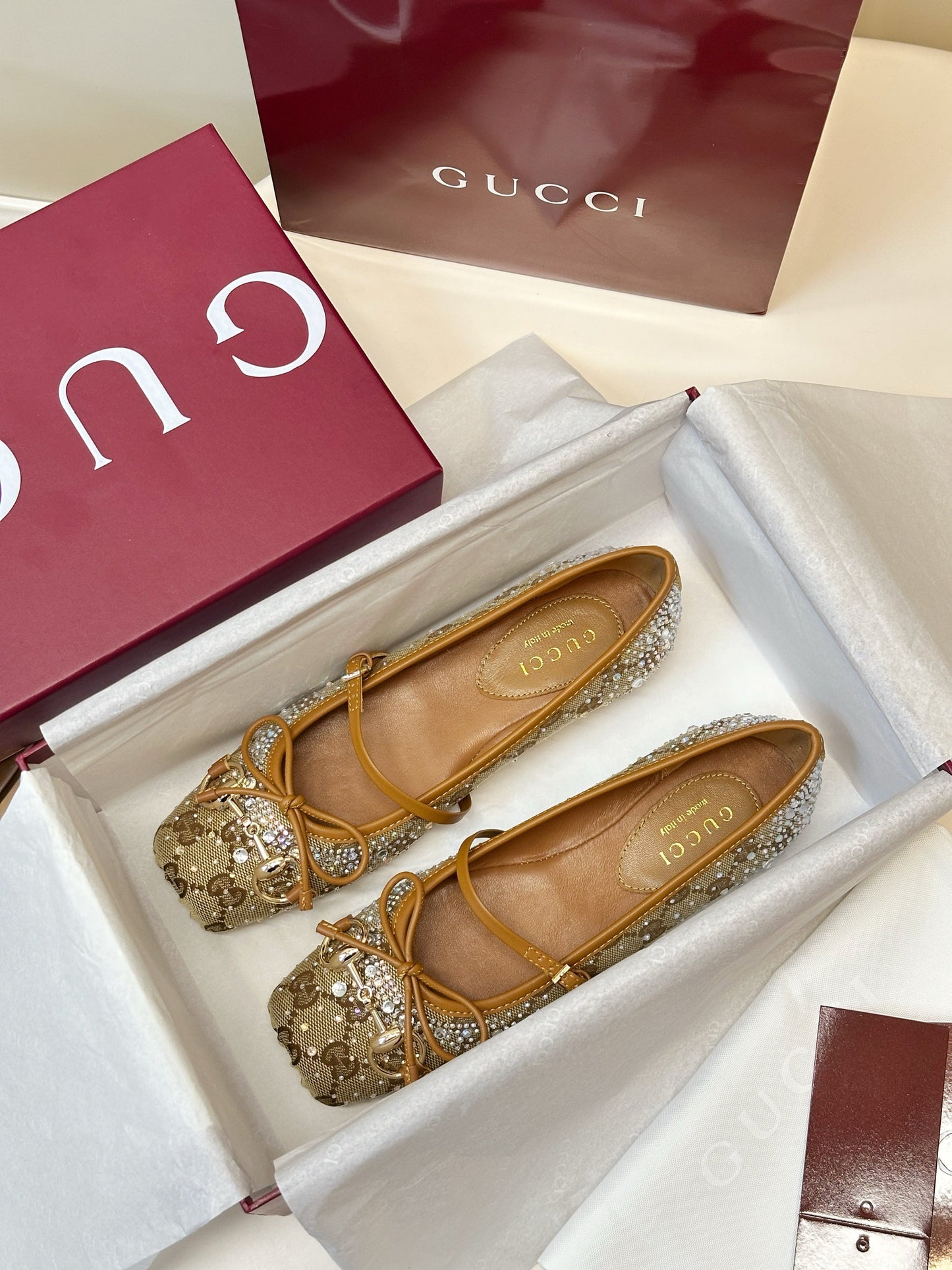 GG 26SS Ballet Flats Rhinestone Beige Brown Canvas Sheepskin 645702