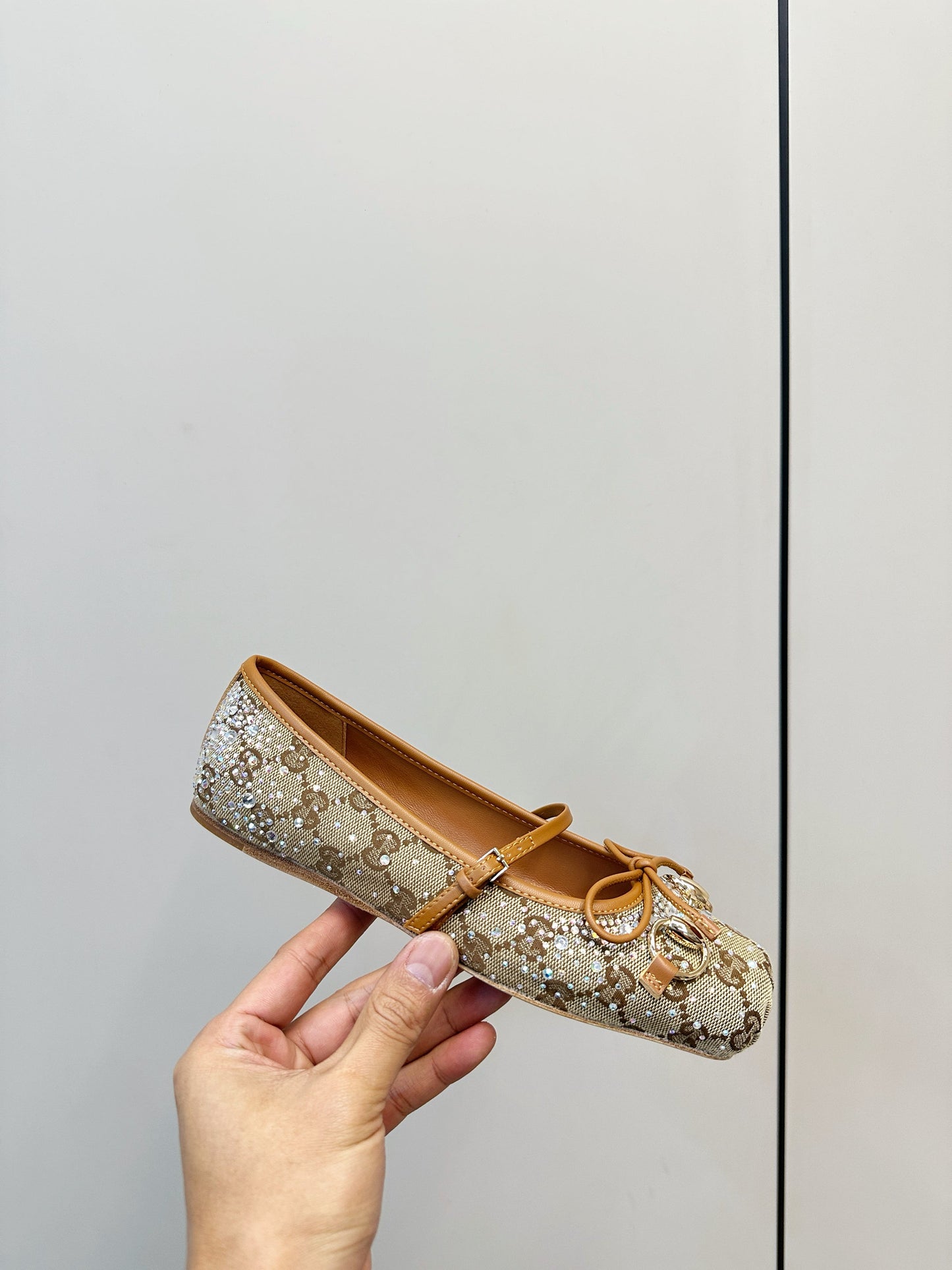 GG 26SS Ballet Flats Rhinestone Beige Brown Canvas Sheepskin 645702