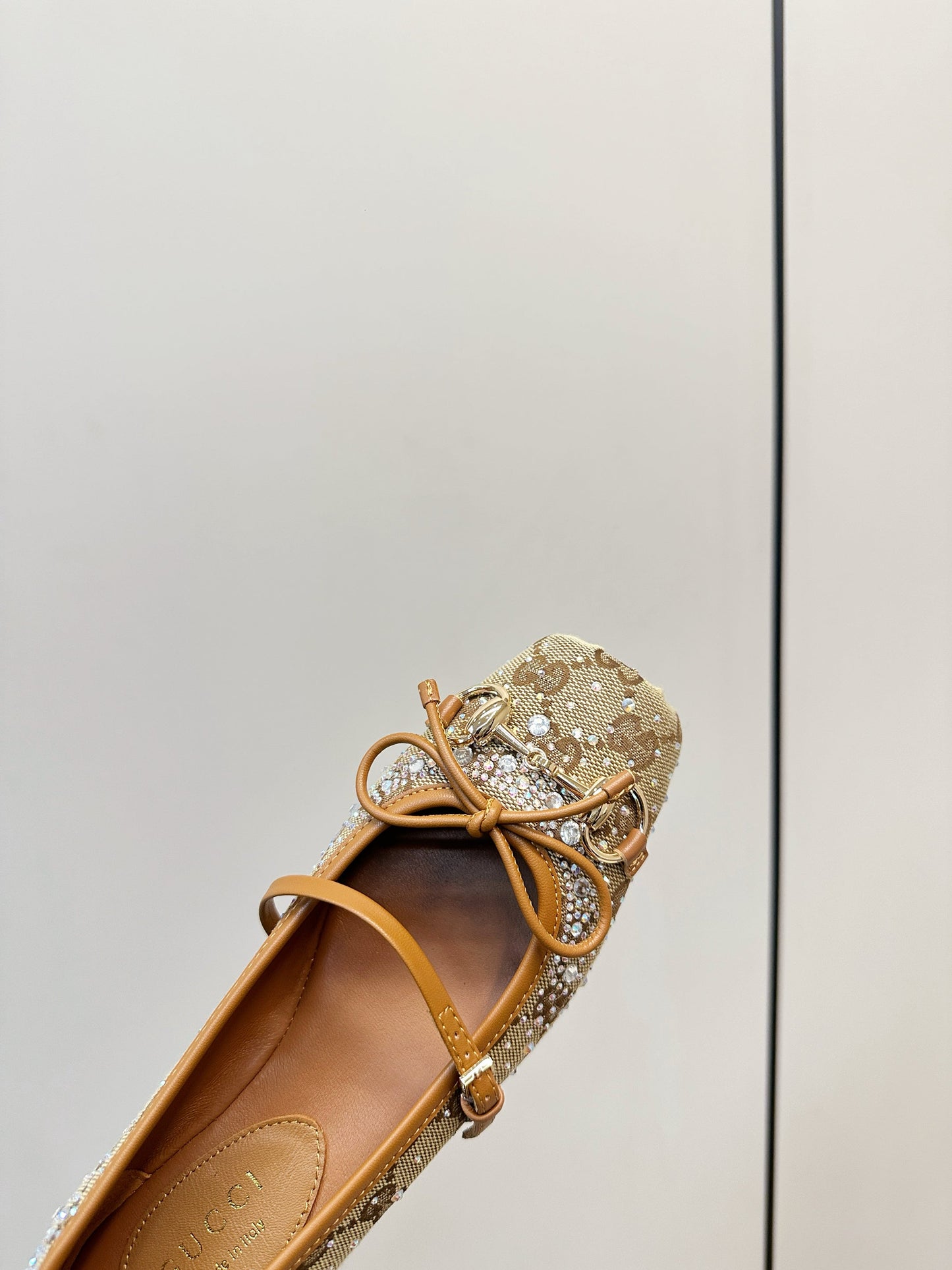 GG 26SS Ballet Flats Rhinestone Beige Brown Canvas Sheepskin 645702