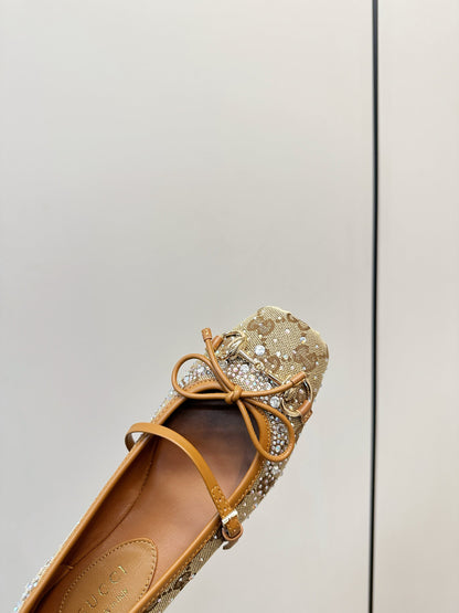 GG 26SS Ballet Flats Rhinestone Beige Brown Canvas Sheepskin 645702