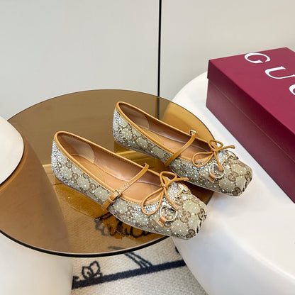 GG 26SS Ballet Flats Rhinestone Beige Brown Canvas Sheepskin 645702