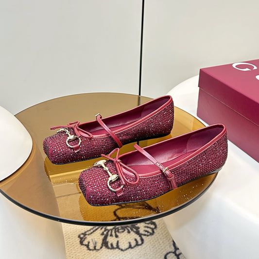 GG 26SS Ballet Flats Rhinestone Burgundy Sheepskin 645703