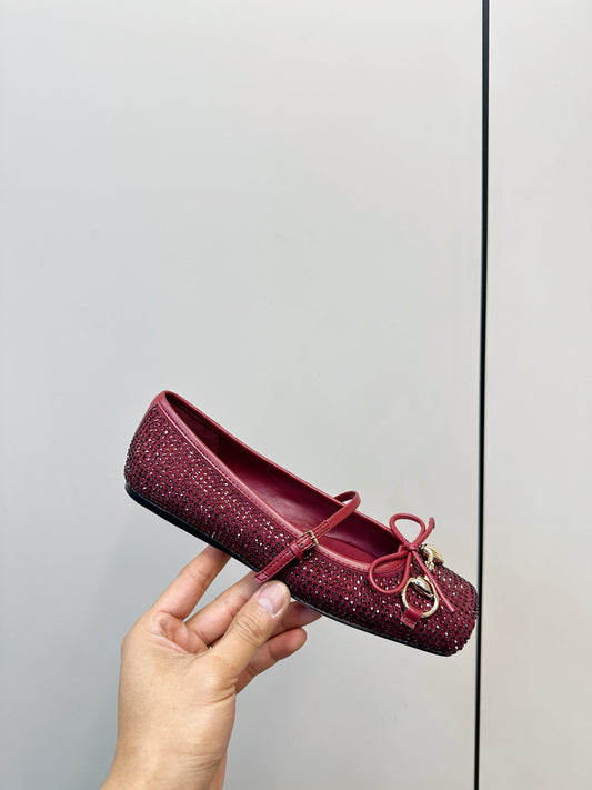 GG 26SS Ballet Flats Rhinestone Burgundy Sheepskin 645703