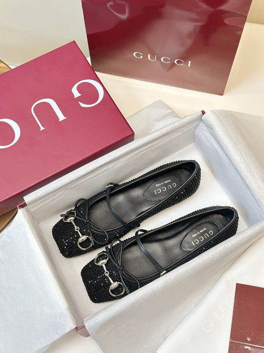 GG 26SS Ballet Flats Rhinestone Black Satin Sheepskin 645704