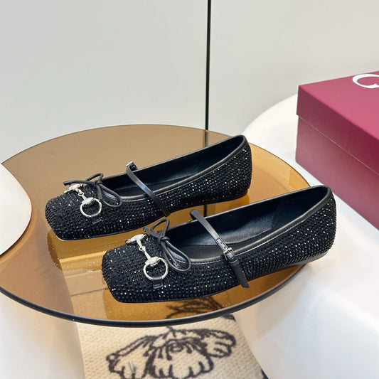 GG 26SS Ballet Flats Rhinestone Black Satin Sheepskin 645704