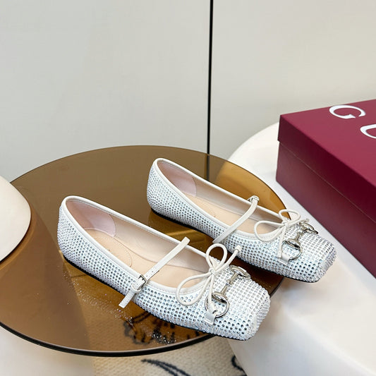 GG 26SS Ballet Flats Rhinestone White Satin Sheepskin 645705