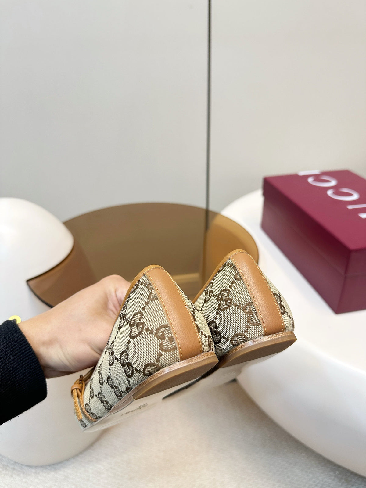 GG 26SS Ballet Flats Beige Brown Monogram Fabric Sheepskin 645710