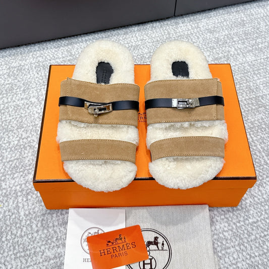 HM Kelly slippers Khaki Cowhide Suede Fur 462204