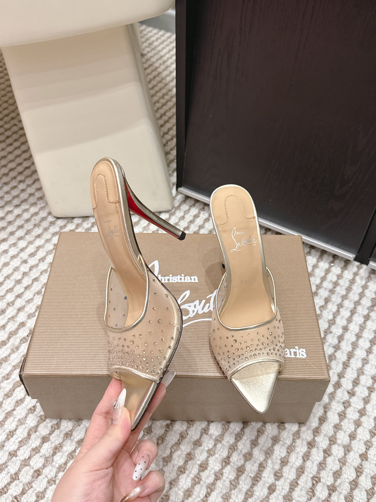 CL 26SS High-Heeled Slippers 100 Gold Champagne Mesh Rhinestone Leather 658053