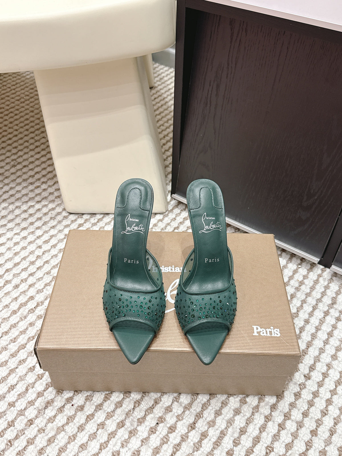 CL 26SS High-Heeled Slippers 100 Emerald Green Mesh Rhinestone Leather 658056