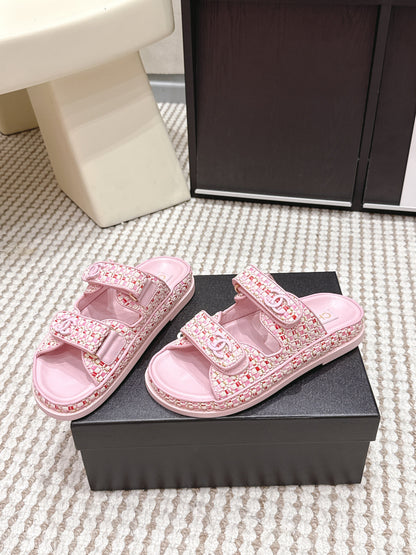 Chanel 2026 Leather Raffia Strap Sandal