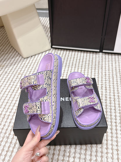 CC 26s Sandals Purple Beige Leather Raffia 632395