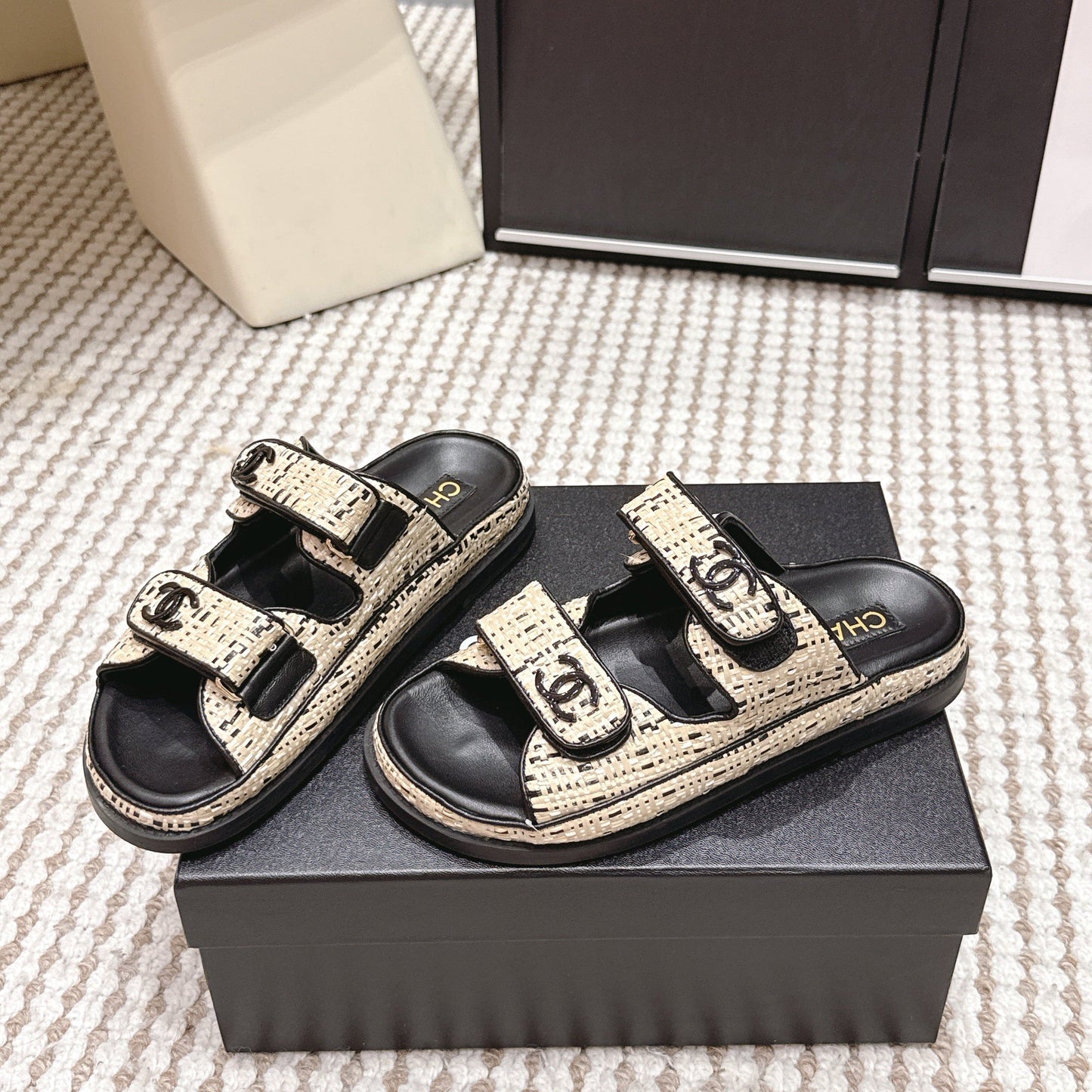 Chanel 2026 Leather Raffia Strap Sandal