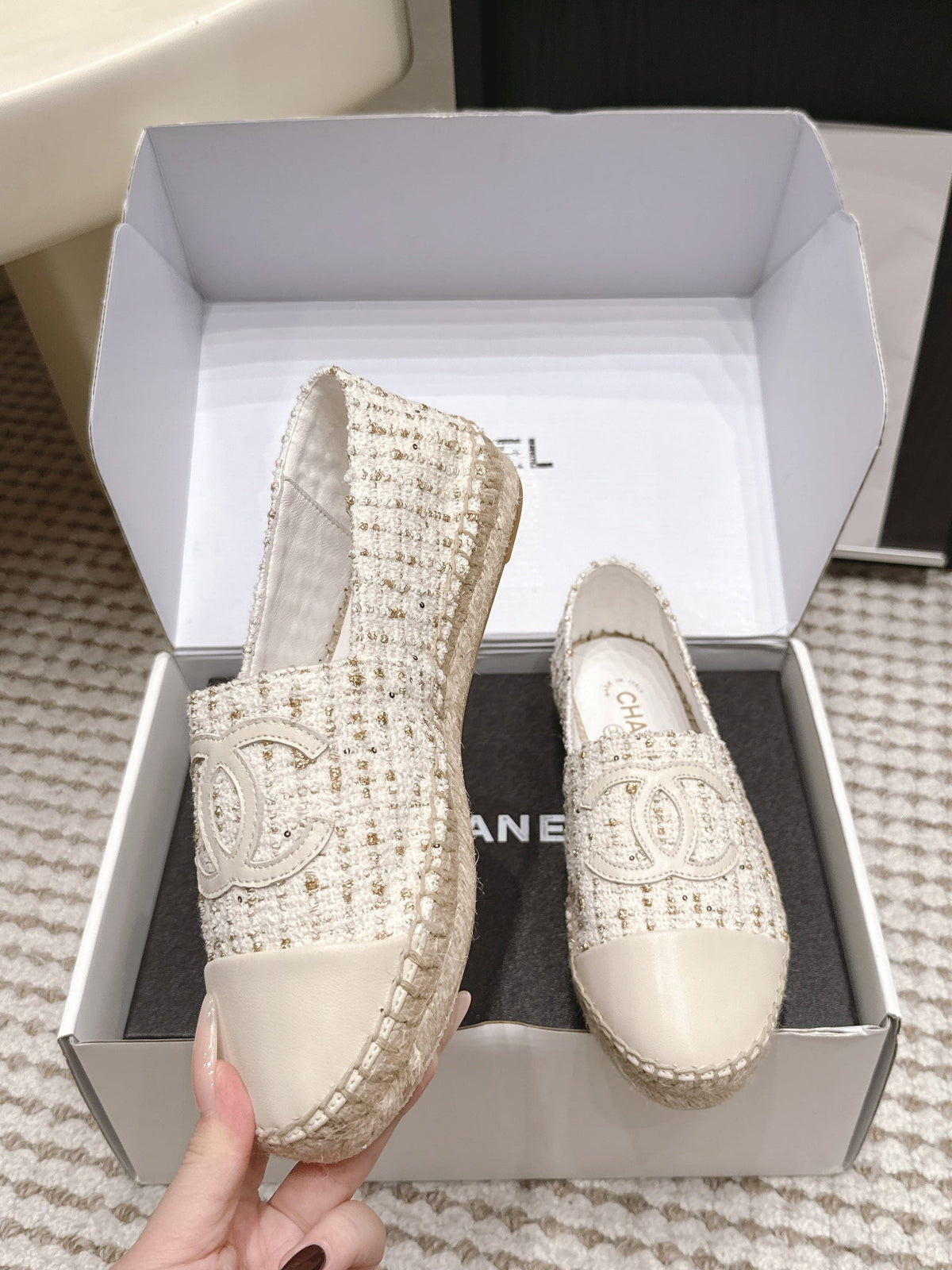 CC 26s Slip Ons White Tweed Patent Calfskin