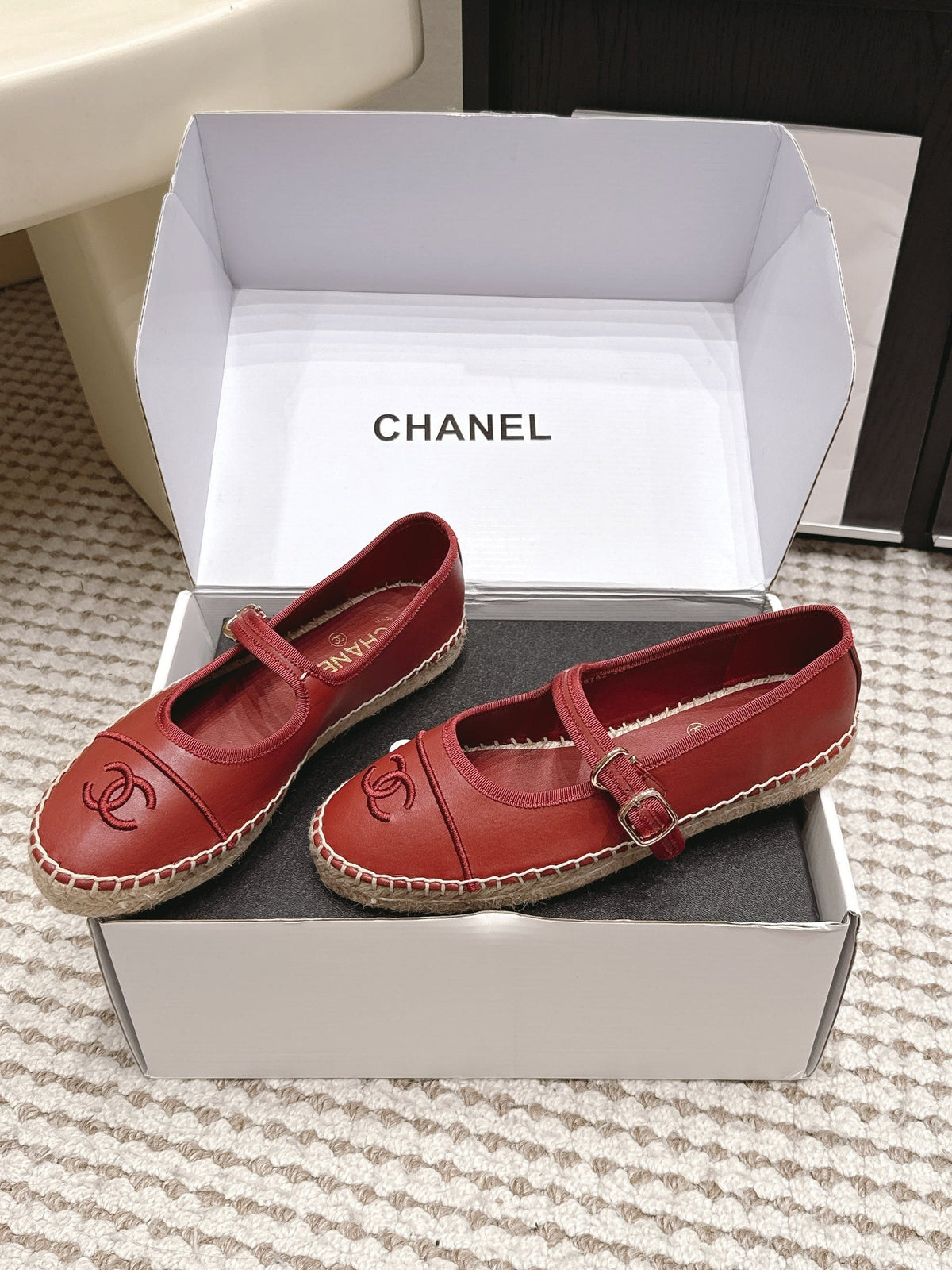 Chanel 26S Mary Jane Flats In Dark Red Lambskin Espadrille Sole
