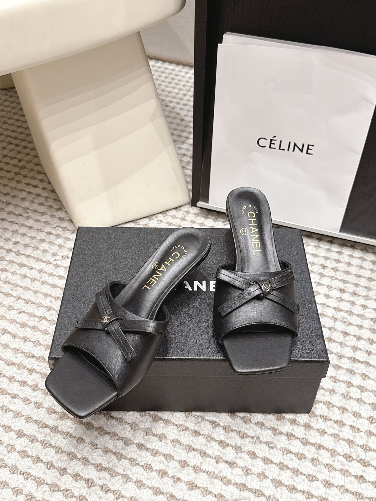 CC 26S Square Toe High Heel Sandals Black Calfskin