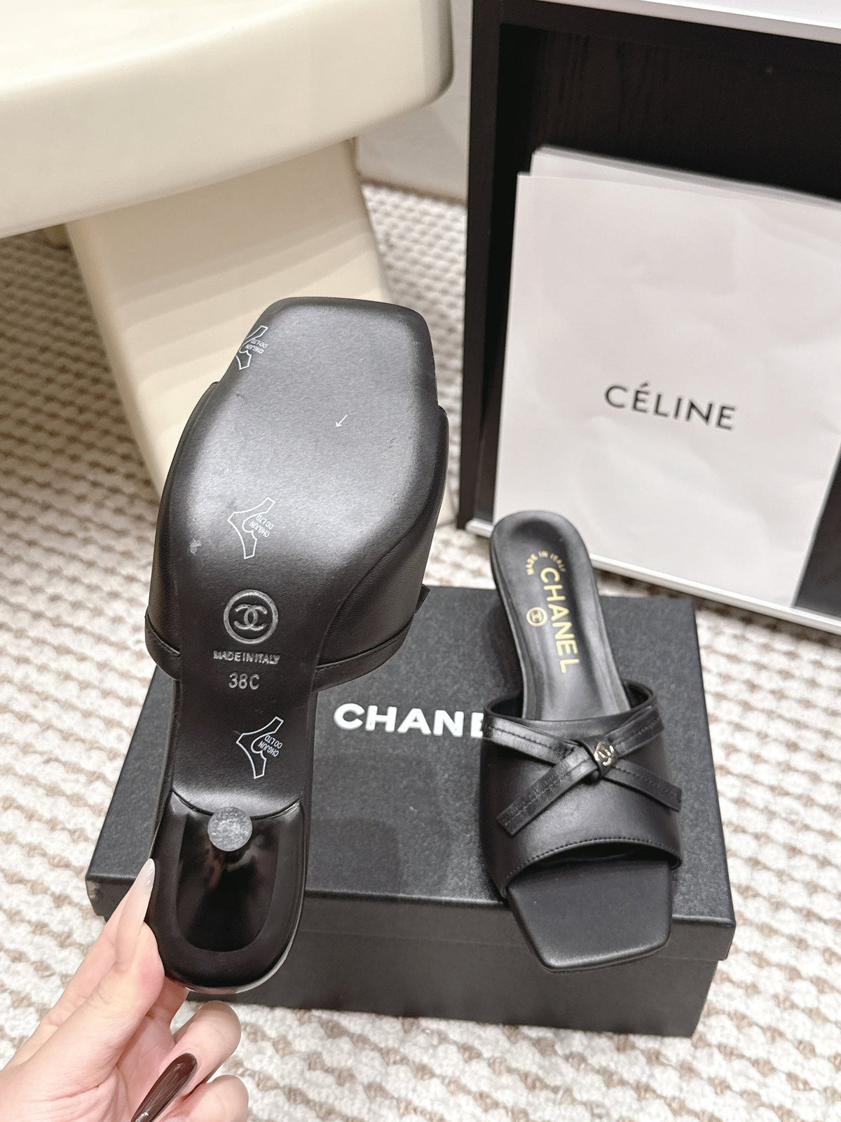 CC 26S Square Toe High Heel Sandals Black Calfskin