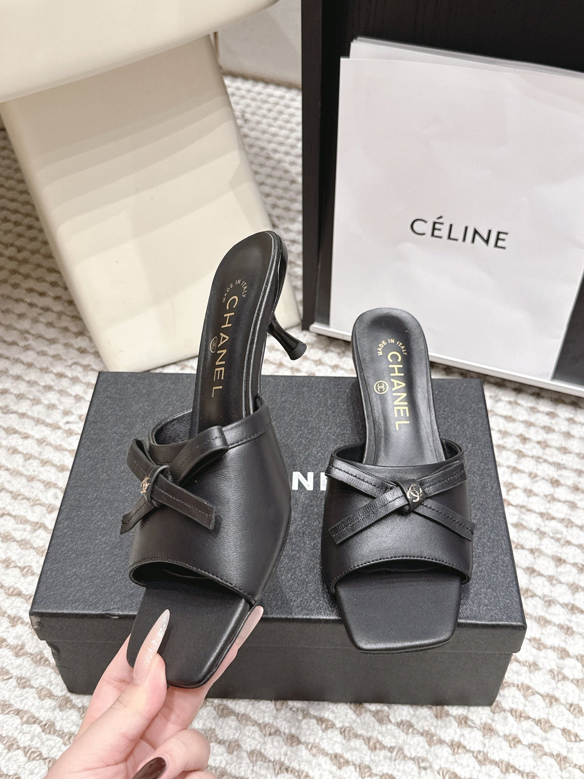 CC 26S Square Toe High Heel Sandals Black Calfskin