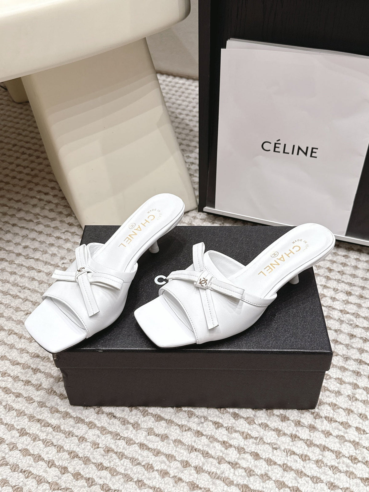 CC 26S Square Toe High Heel Sandals White Calfskin