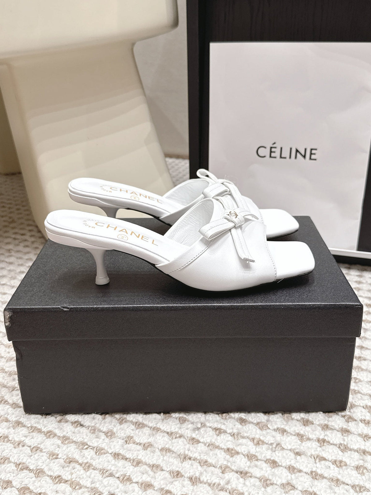 CC 26S Square Toe High Heel Sandals White Calfskin
