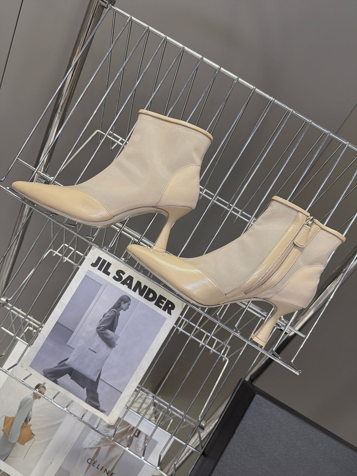 CC 26S Pointed Ankle Boots 5cm Beige Mesh Leather 113928