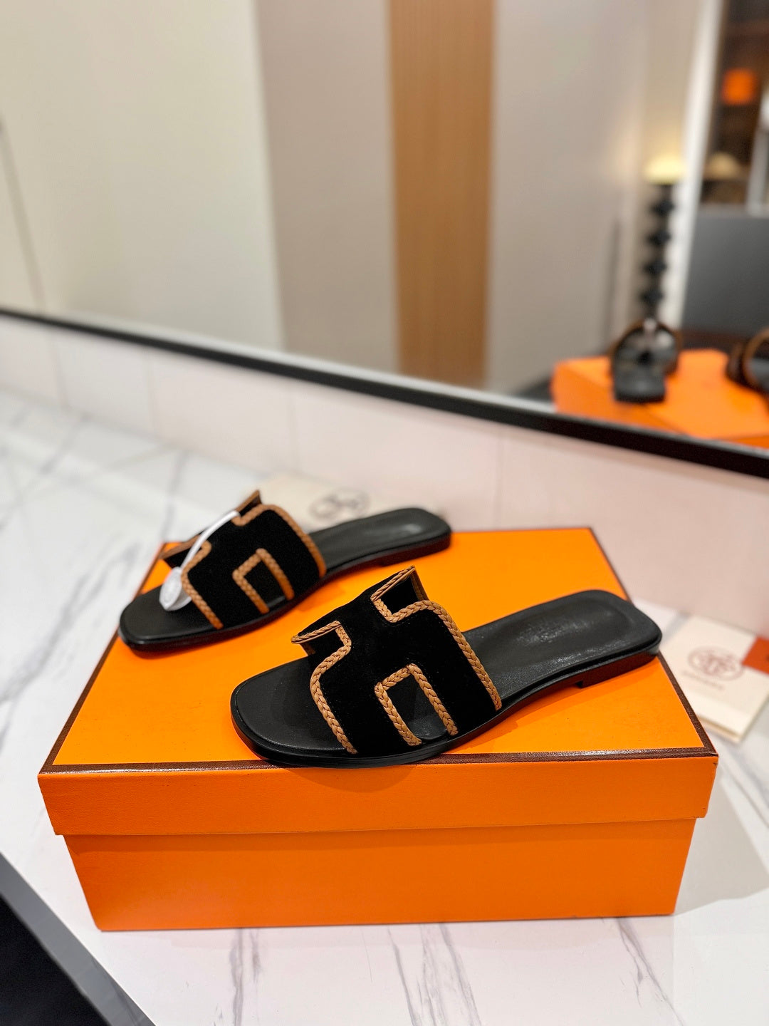 HM 26s Oran Sandals In Black Suede With Tan Bown Braided Trim