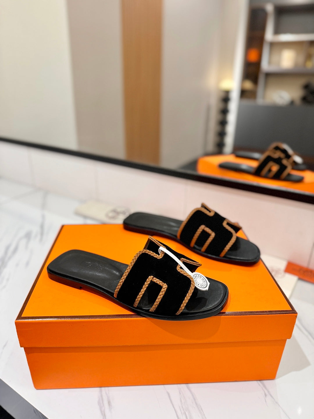 HM 26s Oran Sandals In Black Suede With Tan Bown Braided Trim