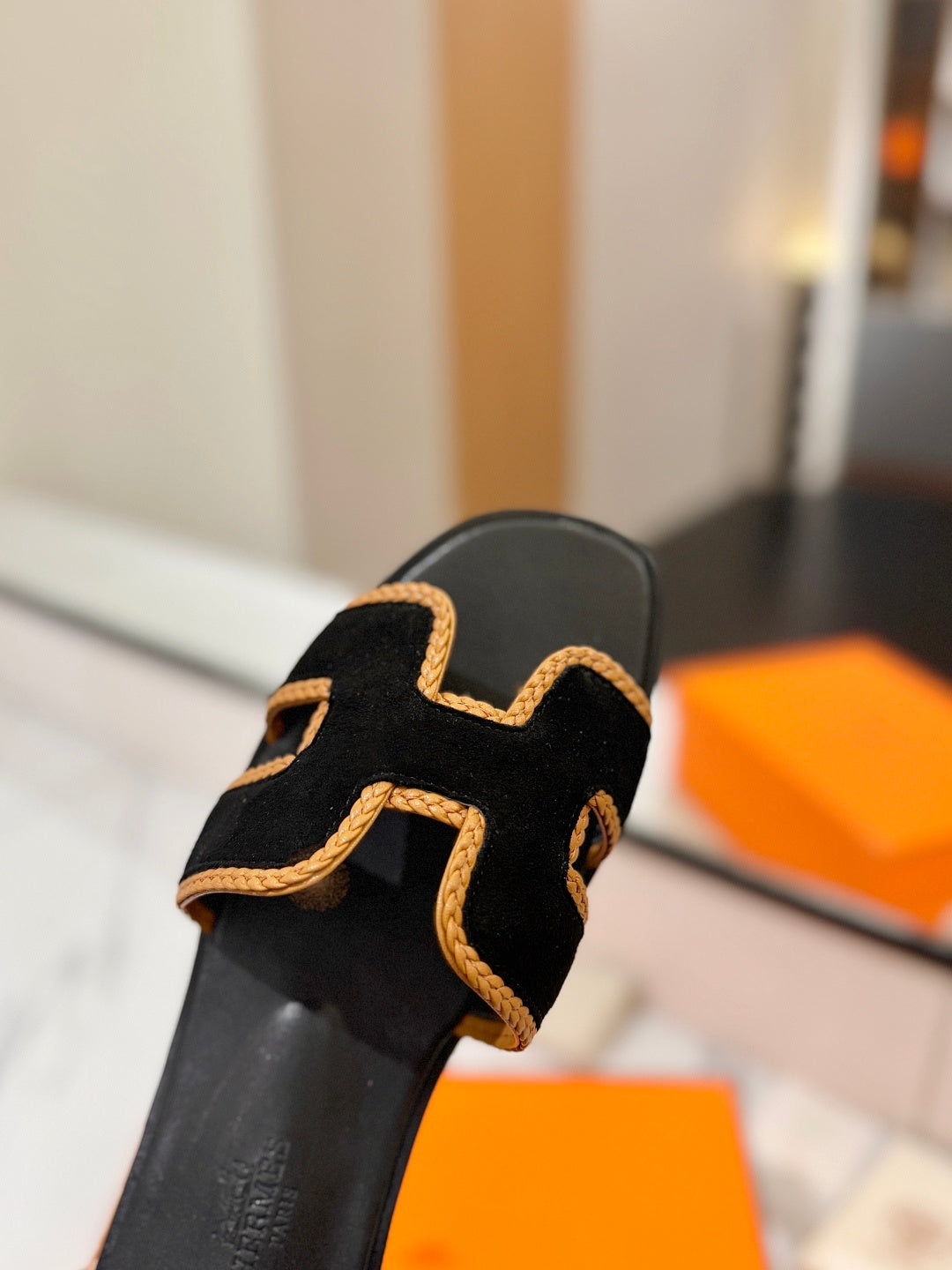 HM 26s Oran Sandals In Black Suede With Tan Bown Braided Trim