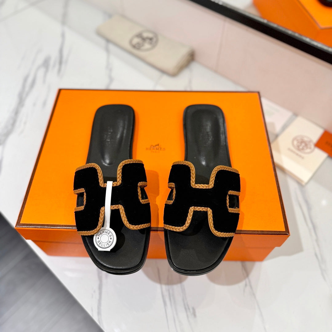 HM 26s Oran Sandals In Black Suede With Tan Bown Braided Trim