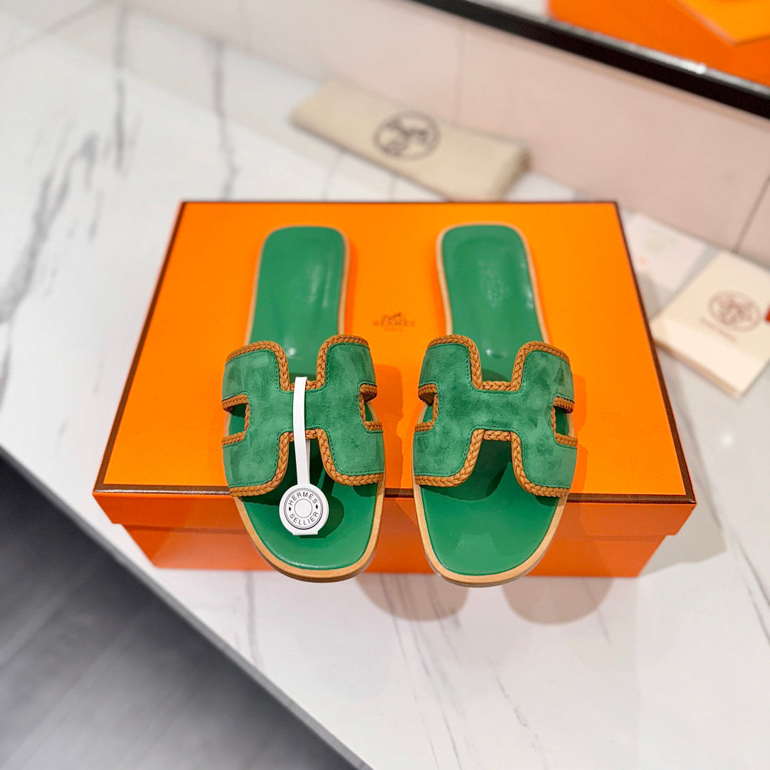 HM 26s Oran Sandals In Green Suede With Tan Bown Braided Trim