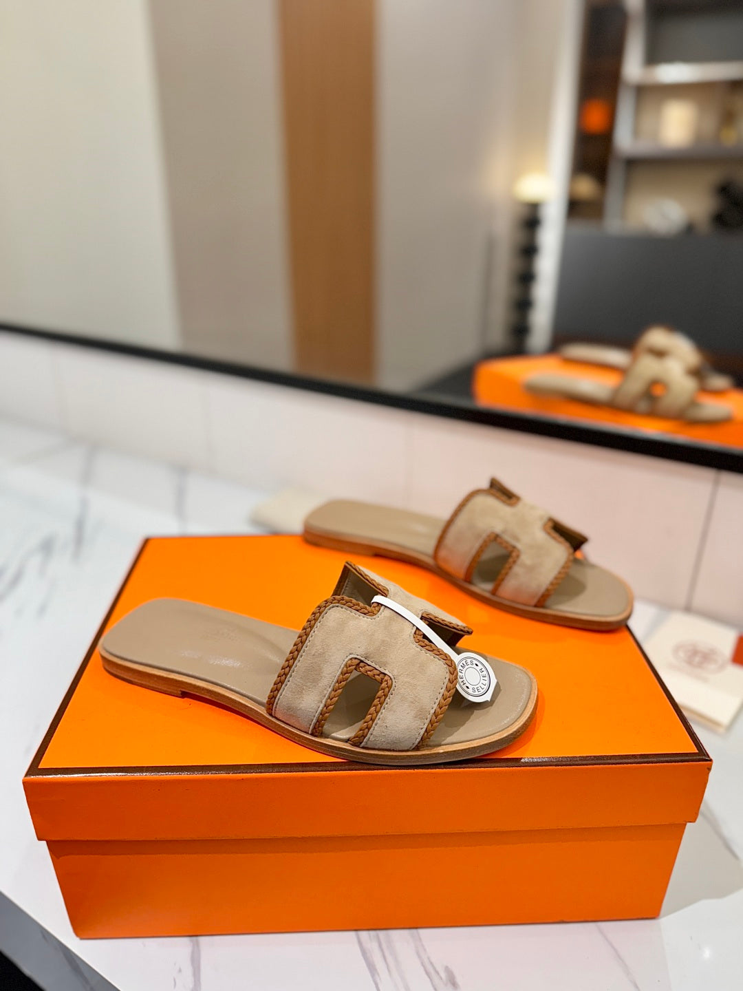 HM 26s Oran Sandals In Light Brown Suede With Tan Bown Braided Trim