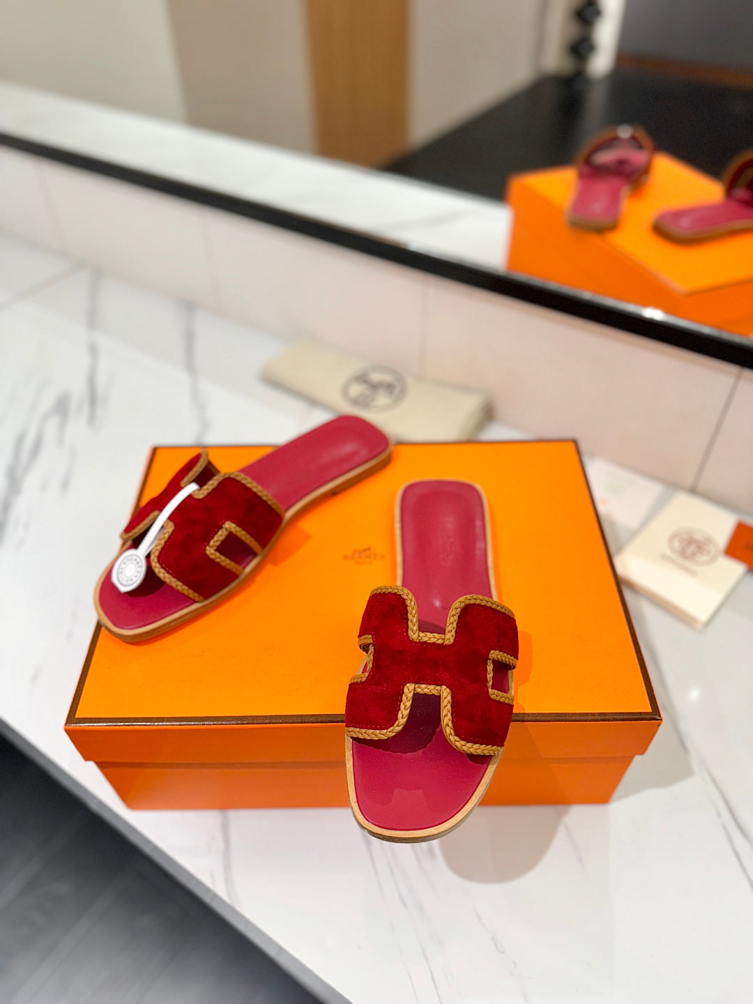 HM 26s Oran Sandals In Dark Red Suede With Tan Bown Braided Trim
