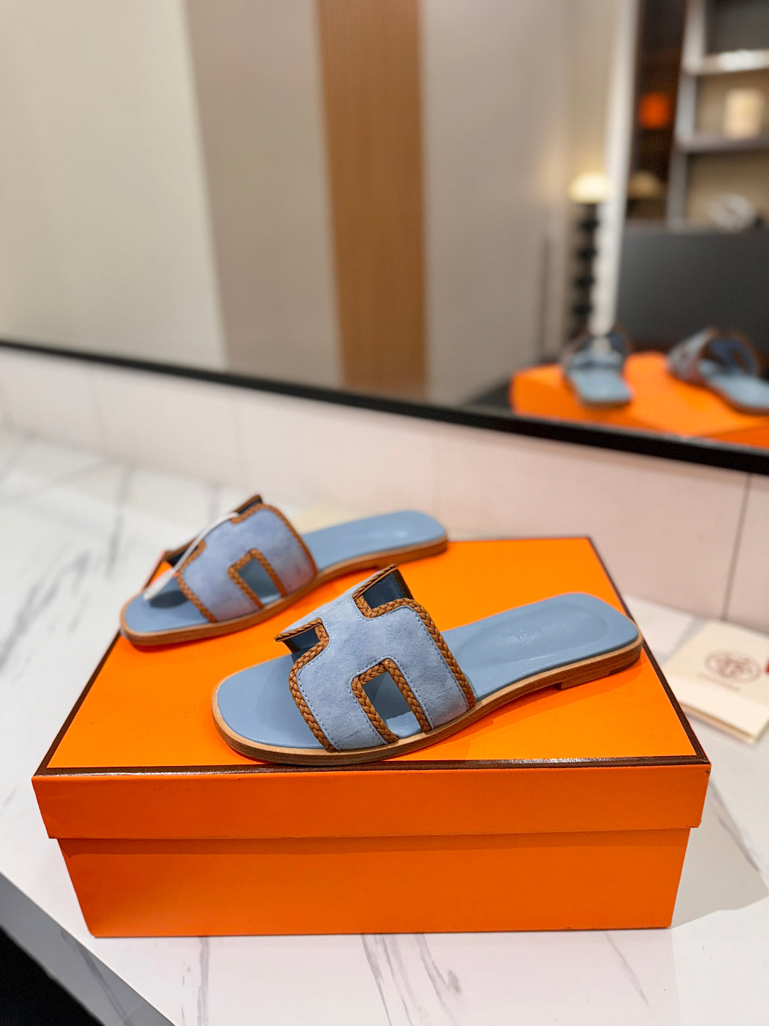 HM 26s Oran Sandals In Light Blue Suede With Tan Bown Braided Trim