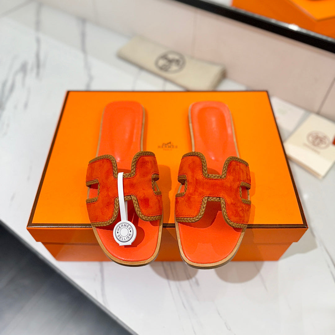 HM 26s Oran Sandals In Orange Suede With Tan Bown Braided Trim