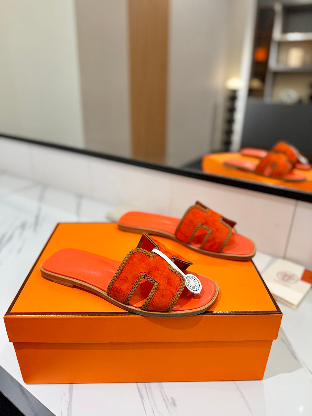 HM 26s Oran Sandals In Orange Suede With Tan Bown Braided Trim
