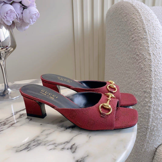 GG 26SS High-Heeled Sandals Dark Red Canvas Leather 644532