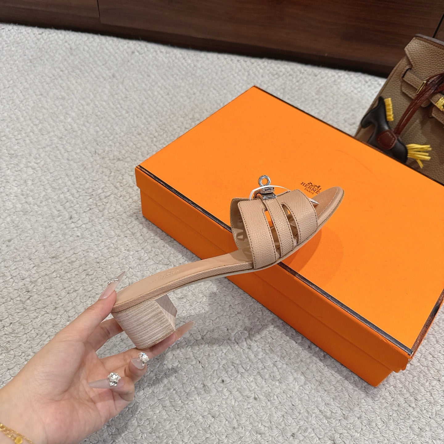 HM Kelly Buckle Sandals 5cm Peach Pink Leather 804987