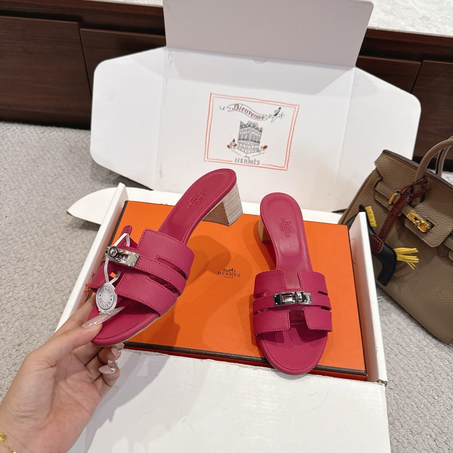 HM Kelly Buckle Sandals 5cm Hot Pink Leather 804988