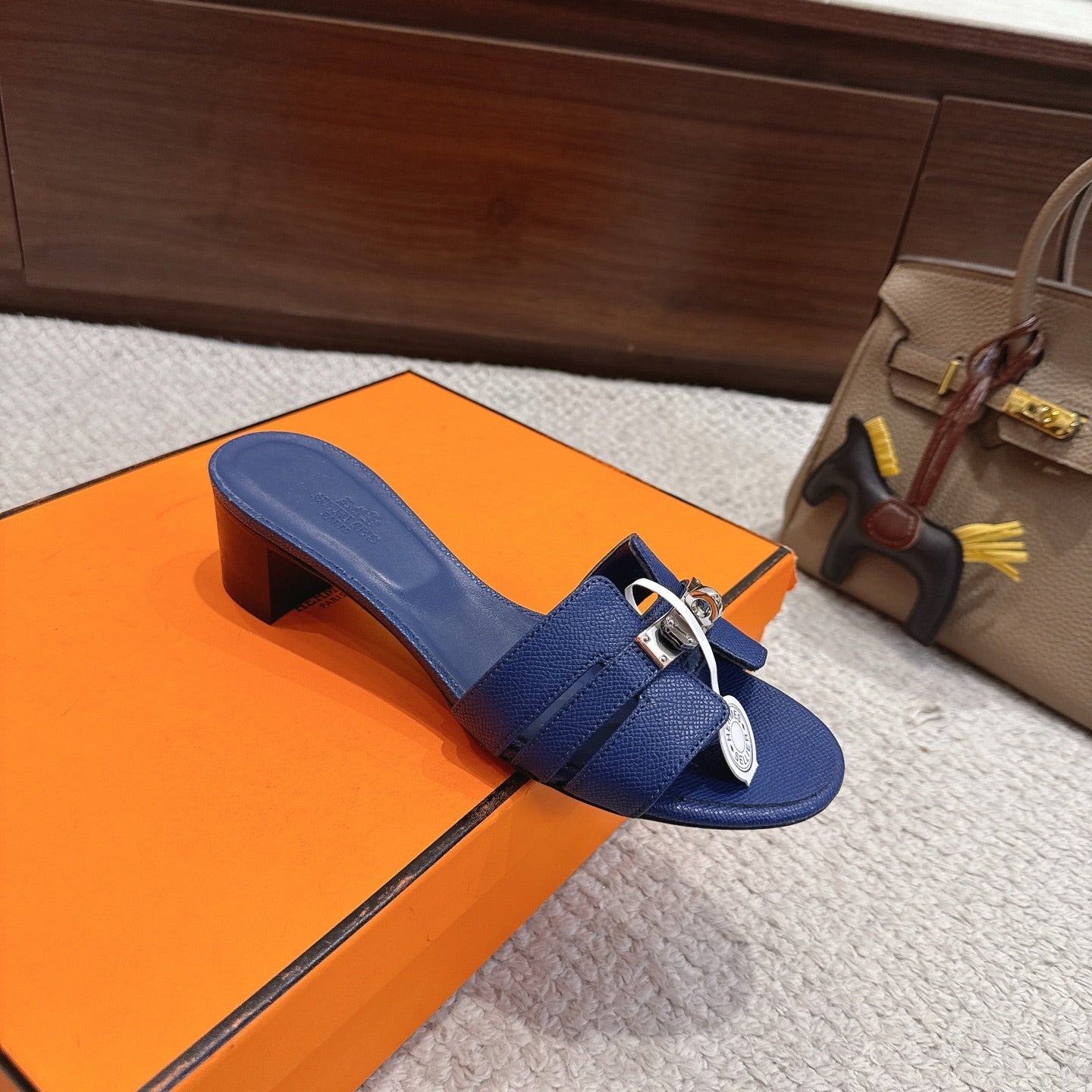 HM Kelly Buckle Sandals 5cm Navy Blue Leather 804992