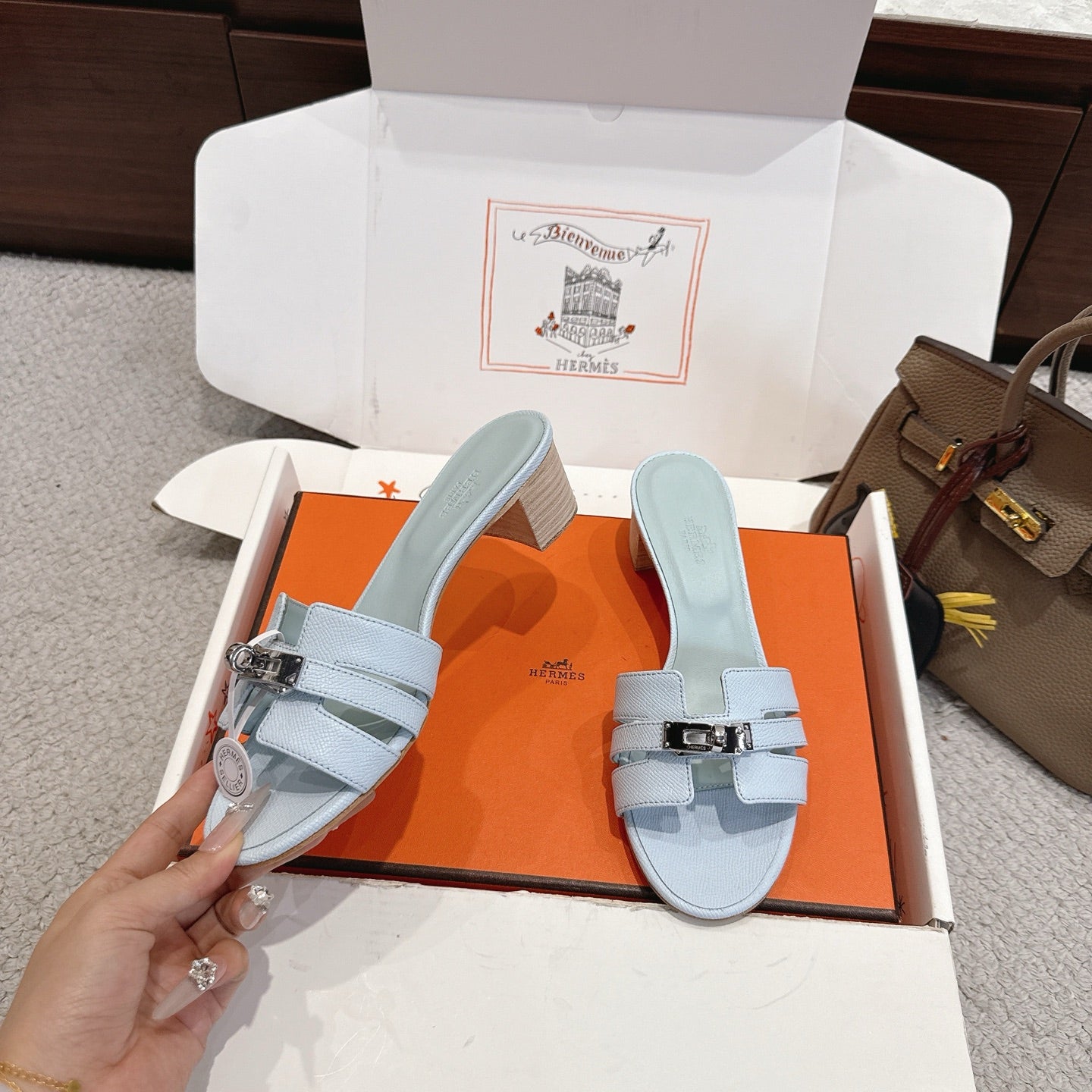HM Kelly Buckle Sandals 5cm Stale Blue Leather 804998